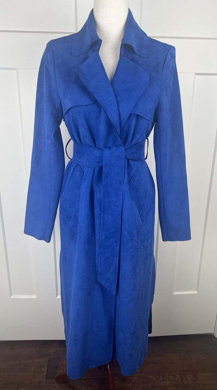 Solitaire Cobalt Blue Faux Suede Trench Coat Belted Long Duster Small